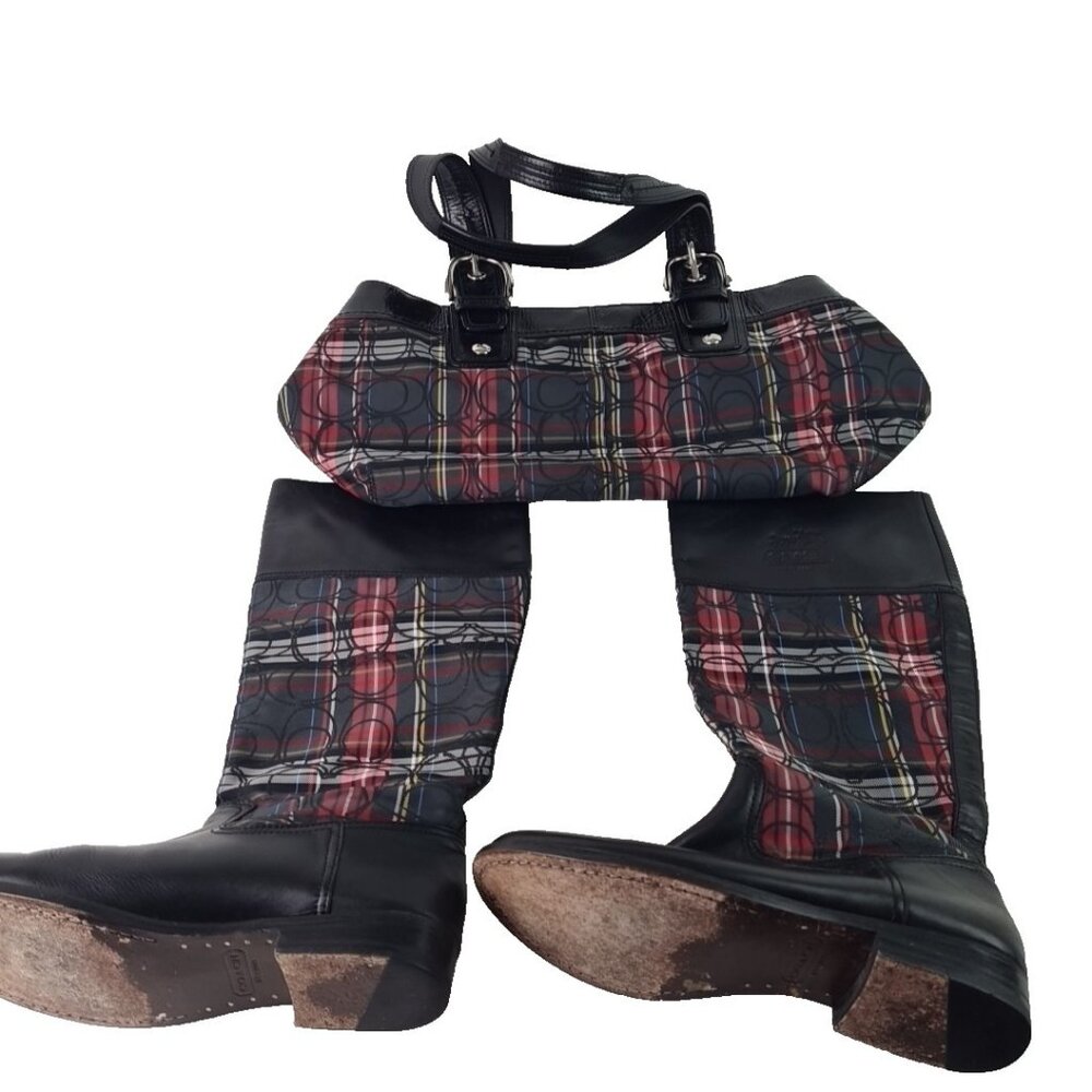 Coach Chrissi Black Leather Plaid Upper Equestrian Rain Match Boots Bag 7.5 B